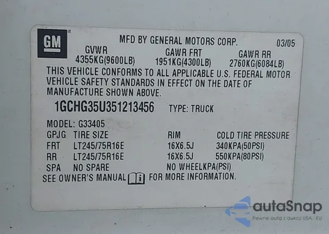 2005 Chevrolet Express из США, поврежденный, VIN 1GCHG35U351213456